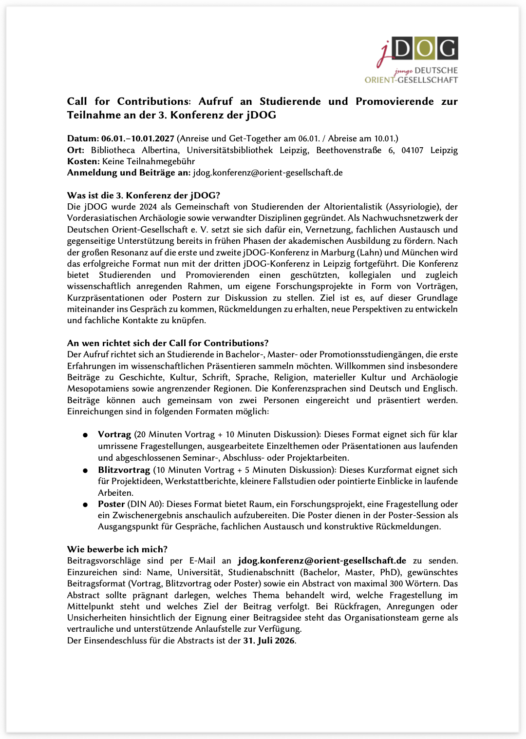 Call for Contributions: Aufruf an Studierende und Promovierende zur Teilnahme an der 3. Konferenz der jDOG